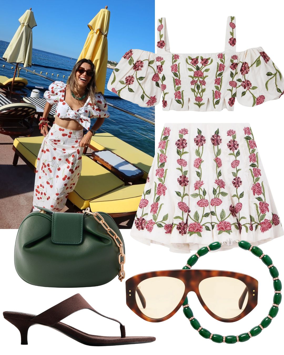a photo of leila kashani wearing a patterned co-ord surrounded by cut-outs of a patterned top, patterned skirt, green leather bag, green necklace, sunglasses and brown suede sandals