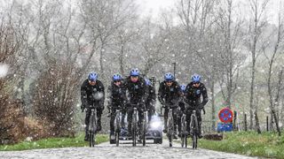 Illustration picture shows winter weather with melting snow during the reconnaissance of the track ahead of the 75th edition of the oneday cycling race Omloop Het Nieuwsblad Thursday 27 February 2020 BELGA PHOTO DAVID STOCKMAN Photo by DAVID STOCKMANBELGA MAGAFP via Getty Images