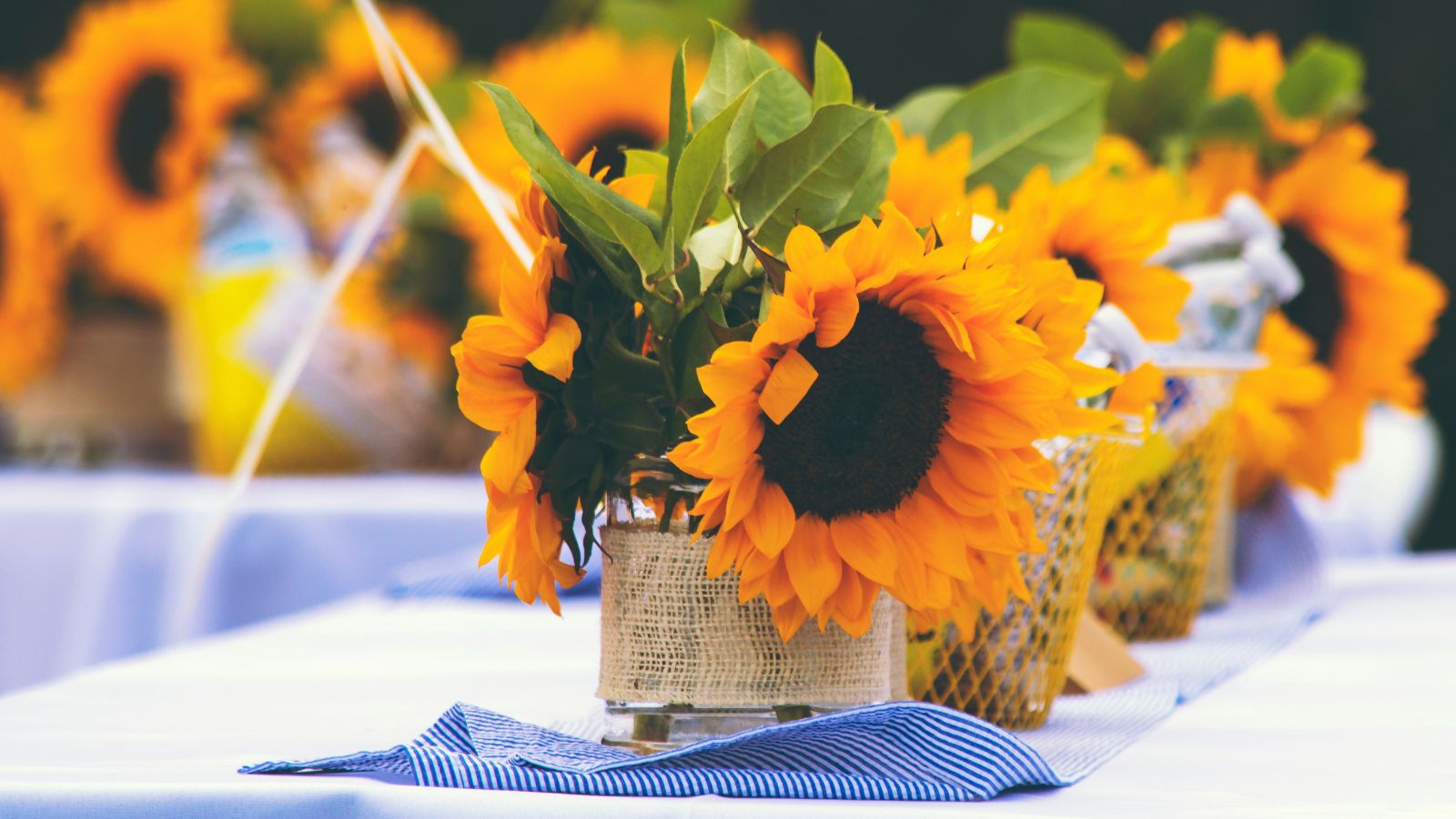 White table with a blue and white striped runner and vases of sunflowers