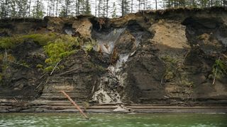 Permafrost melts into the Kolyma River outside of Zyryanka, Russia in Siberia on July 4, 2019. In a new study, researchers looked for ancient viruses in several places in Siberia, including two rivers. 