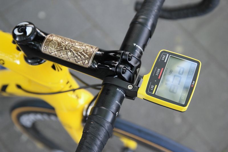 Fabian Cancellara gets a yellow SRM as well but standard black bar tape