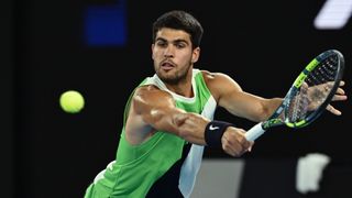 Carlos Alcaraz of Spain playing a backhand at the 2026 Australian Open at Melbourne Park
