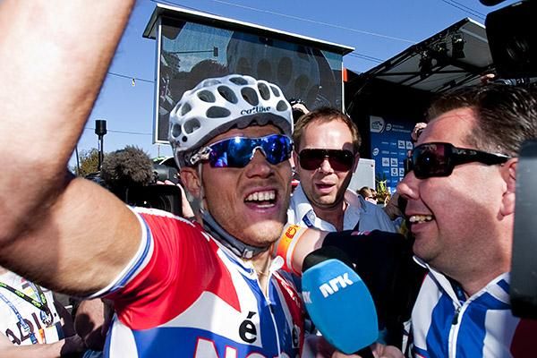 Norwegian Thor Hushovd is ecstatic after his win in Geelong.