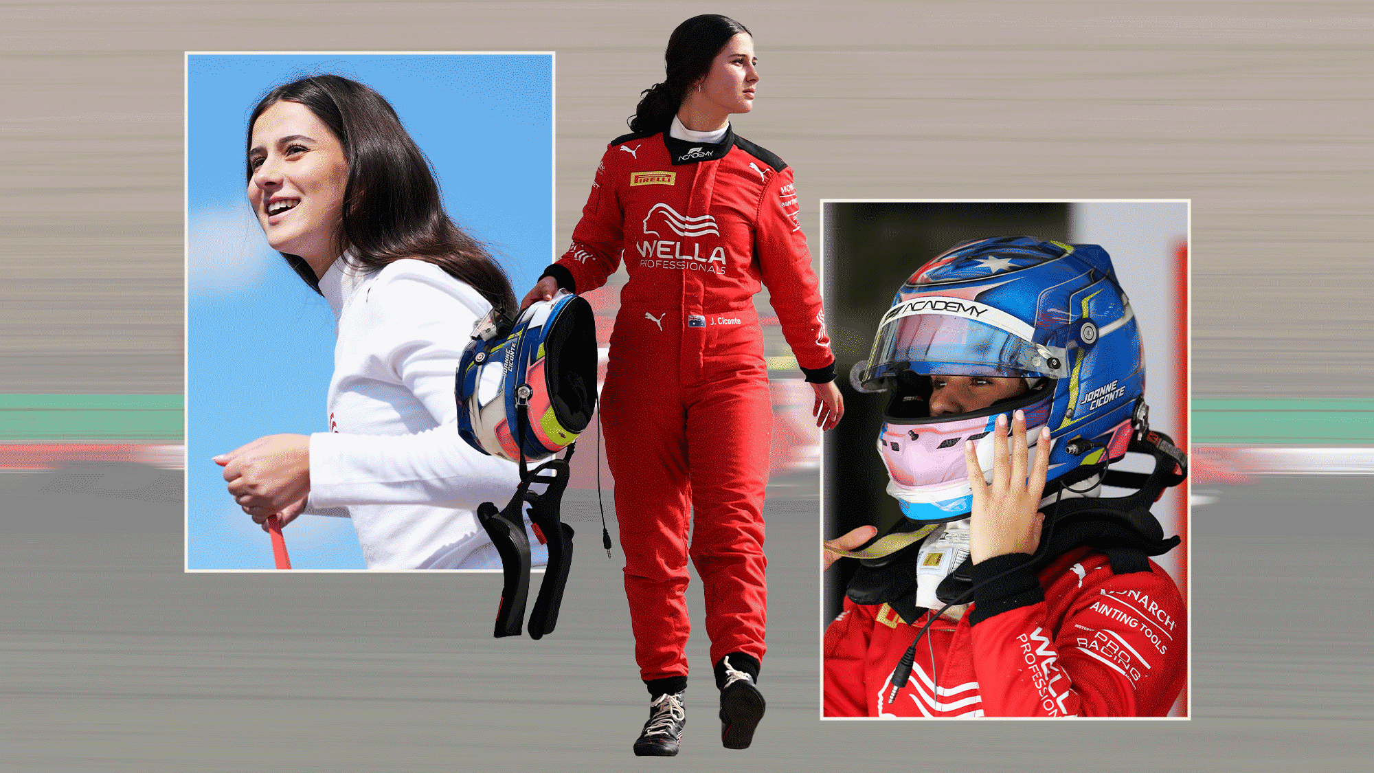 Five photos of Joanne Ciconte in the F1 Academy paddock.