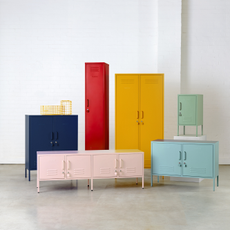 Mustard Made lockers in a warehouse.