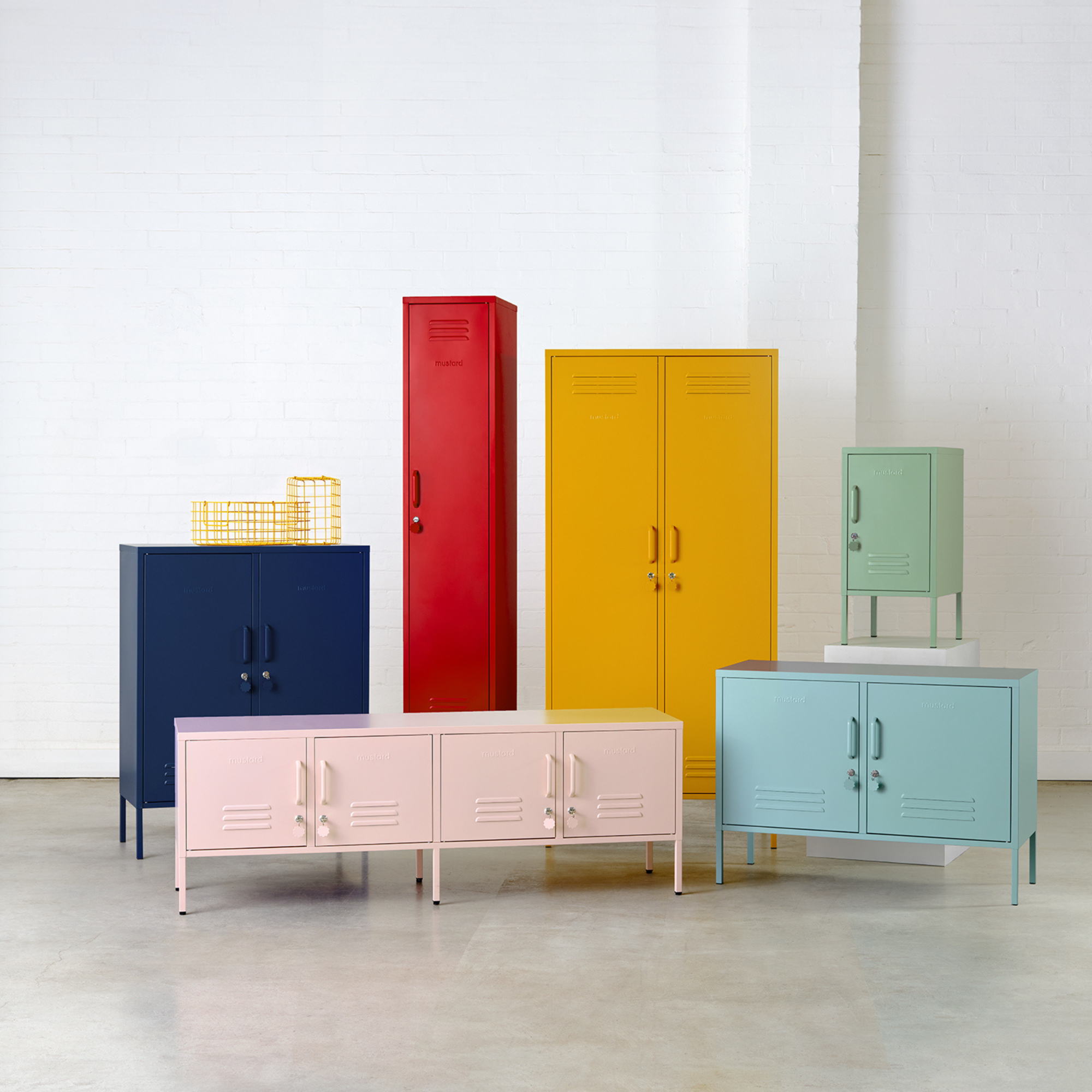 Mustard Made lockers in a warehouse.