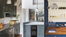 A trio of small kitchens in grey/green, light blue and dark blue with wooden countertops.