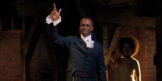 Aaron Burr (Leslie Odom Jr.) looks out into the audience as he sings in 'Hamilton'