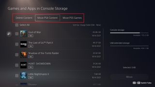 How to transfer games to PS5 external hard drive - three tabs