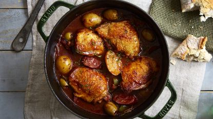 Rioja and chicken stew with chorizo and potato served with crusty bread