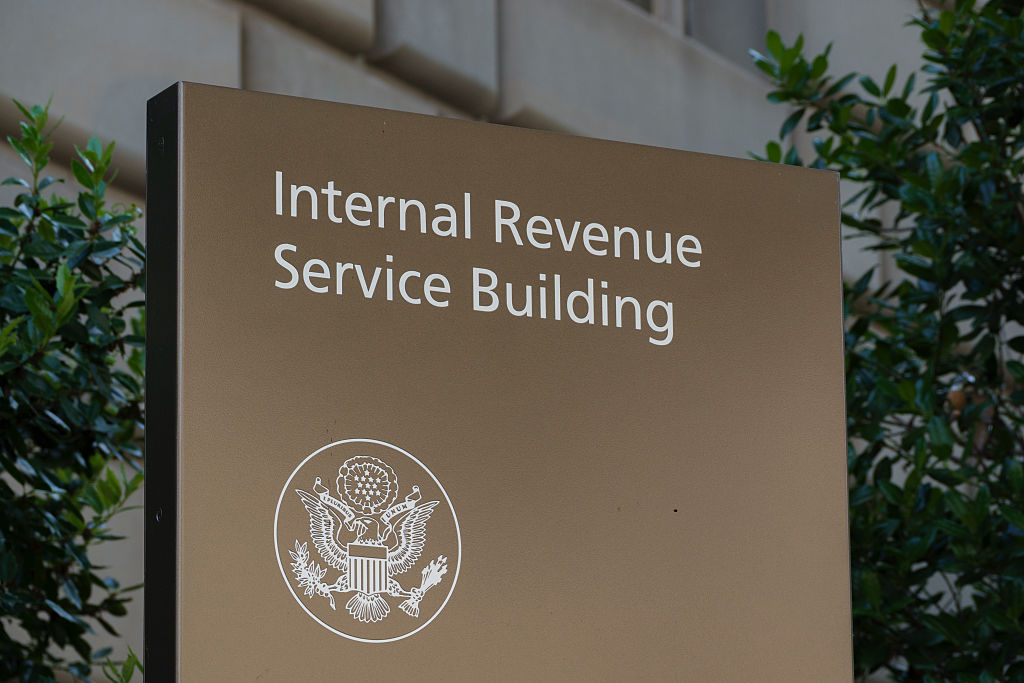 Exterior sign in front of the Internal Revenue Service Building
