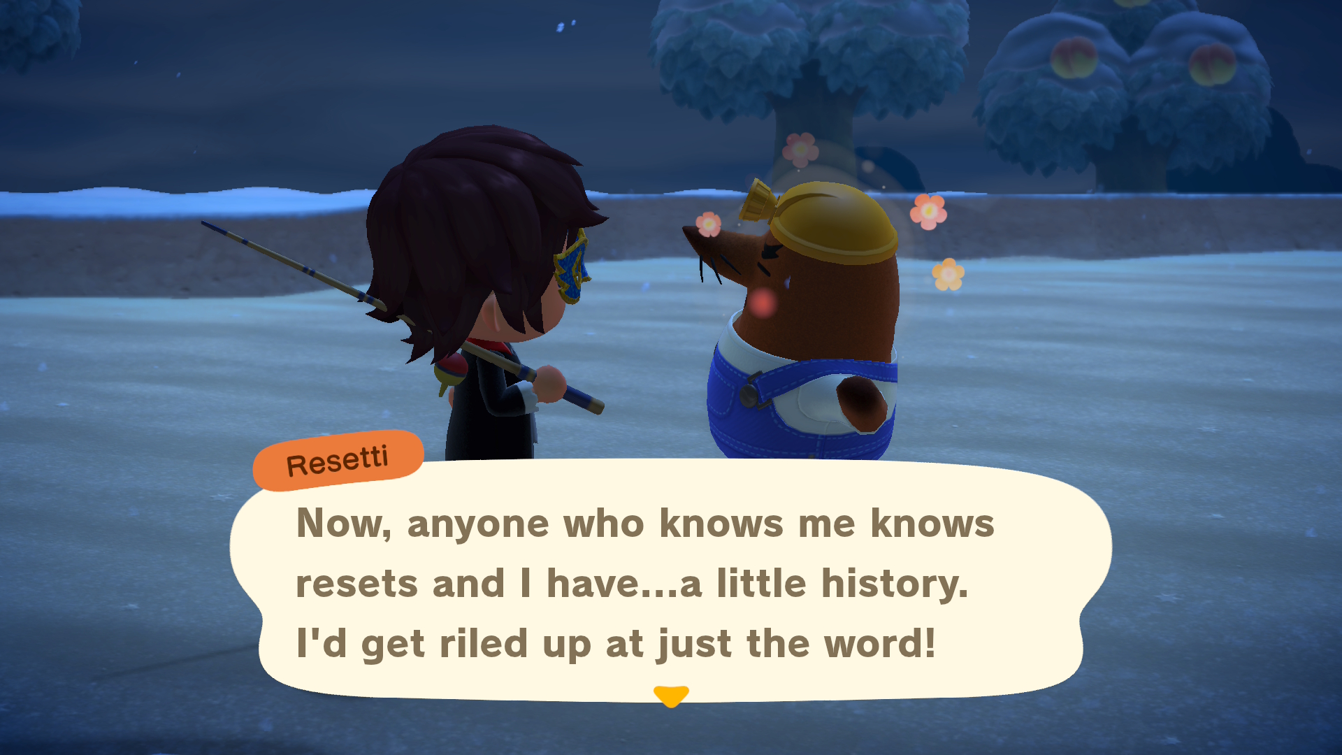Mr. Resetti reflects on his history with the act of game resetting in Animal Crossing: New Horizons