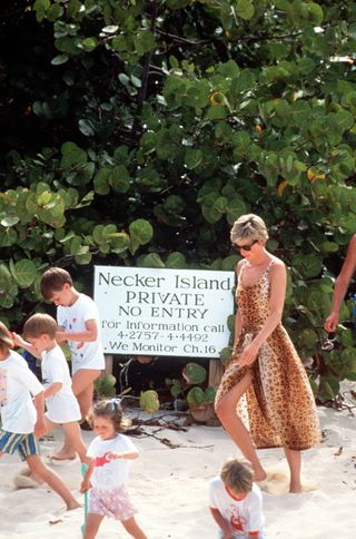 Princess Diana, Prince Harry, Prince William and other children walking in the sand on Necker Island in 1990