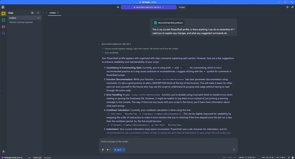 Using Codestral in LM Studio to evaluate a PowerShell script.