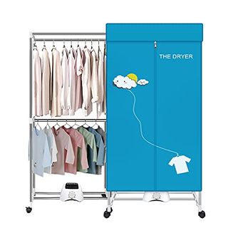 Silver Portable Dryer on wheels with blue wardrobe section