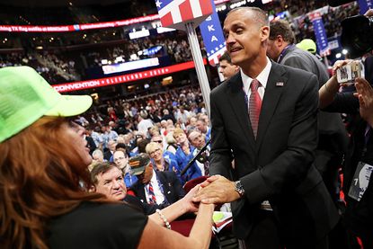 Corey Lewandowski greets people at the 2016 Republican National Convention.