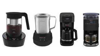 Four Instant Brands coffee makers and accessories on a white background