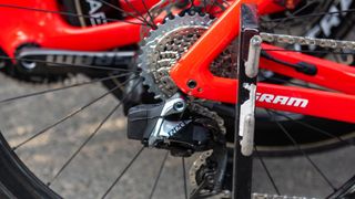 A red Trek bike with Sram Red equipment