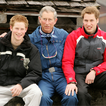 HRH Prince Charles poses with his sons Prince William (R) and Prince Harry (L) during the Royal Family's ski break at Klosters on March 31, 2005 in Switzerland.