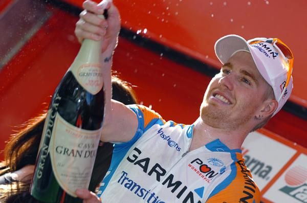 Pop goes the cork as Tyler Farrar celebrates his stage win.