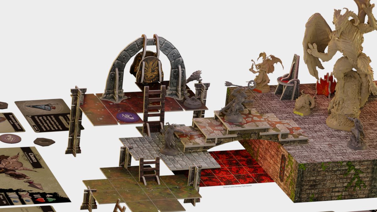 The components, miniatures, cards, and artwork from Descent Act II: The Betrayer's War on a plain background