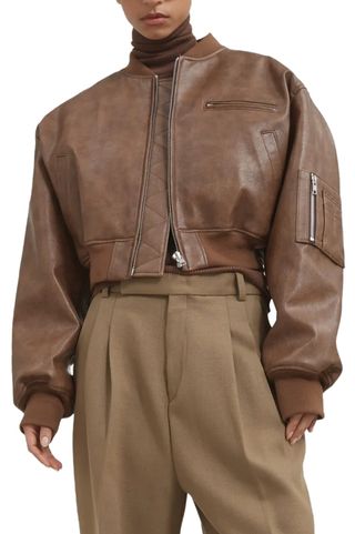 Gae Faux Leather Cropped Bomber - Brown