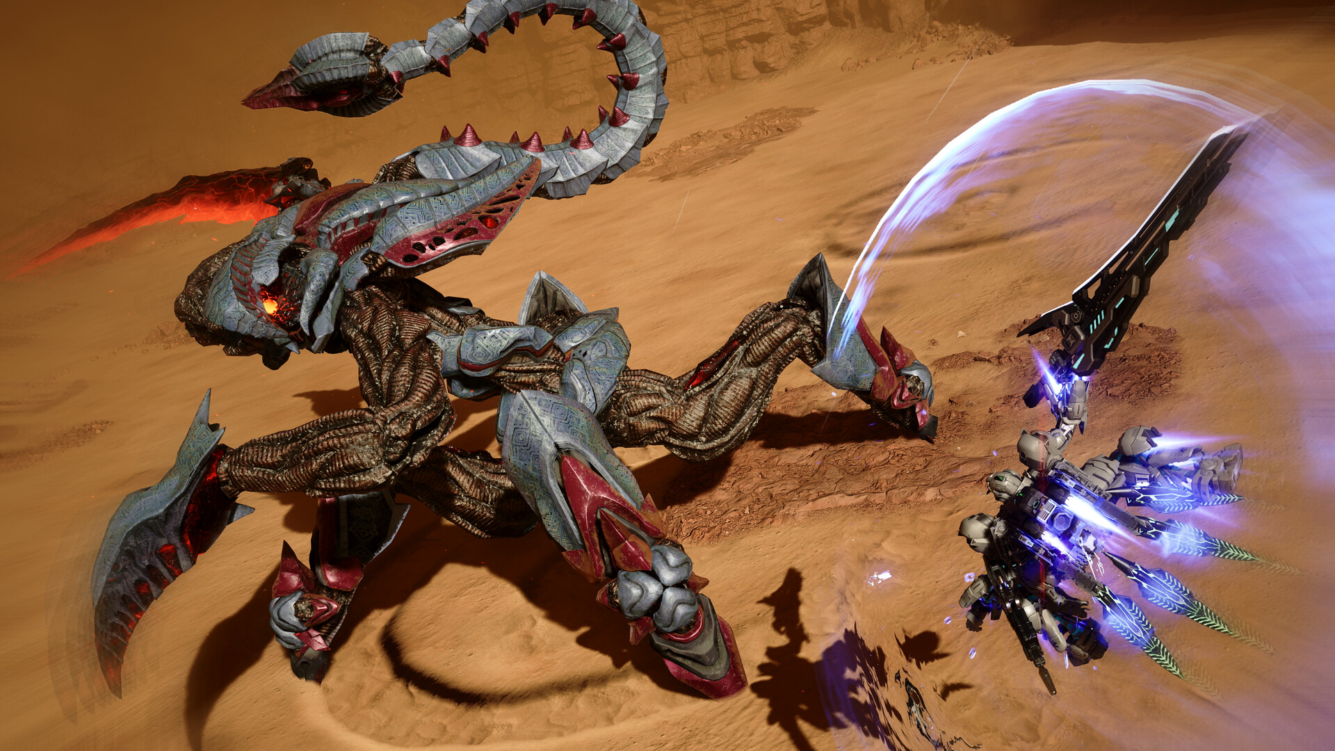 A Gundam attacking a giant scorpion-like creature in Gundam Rogue Orbit.