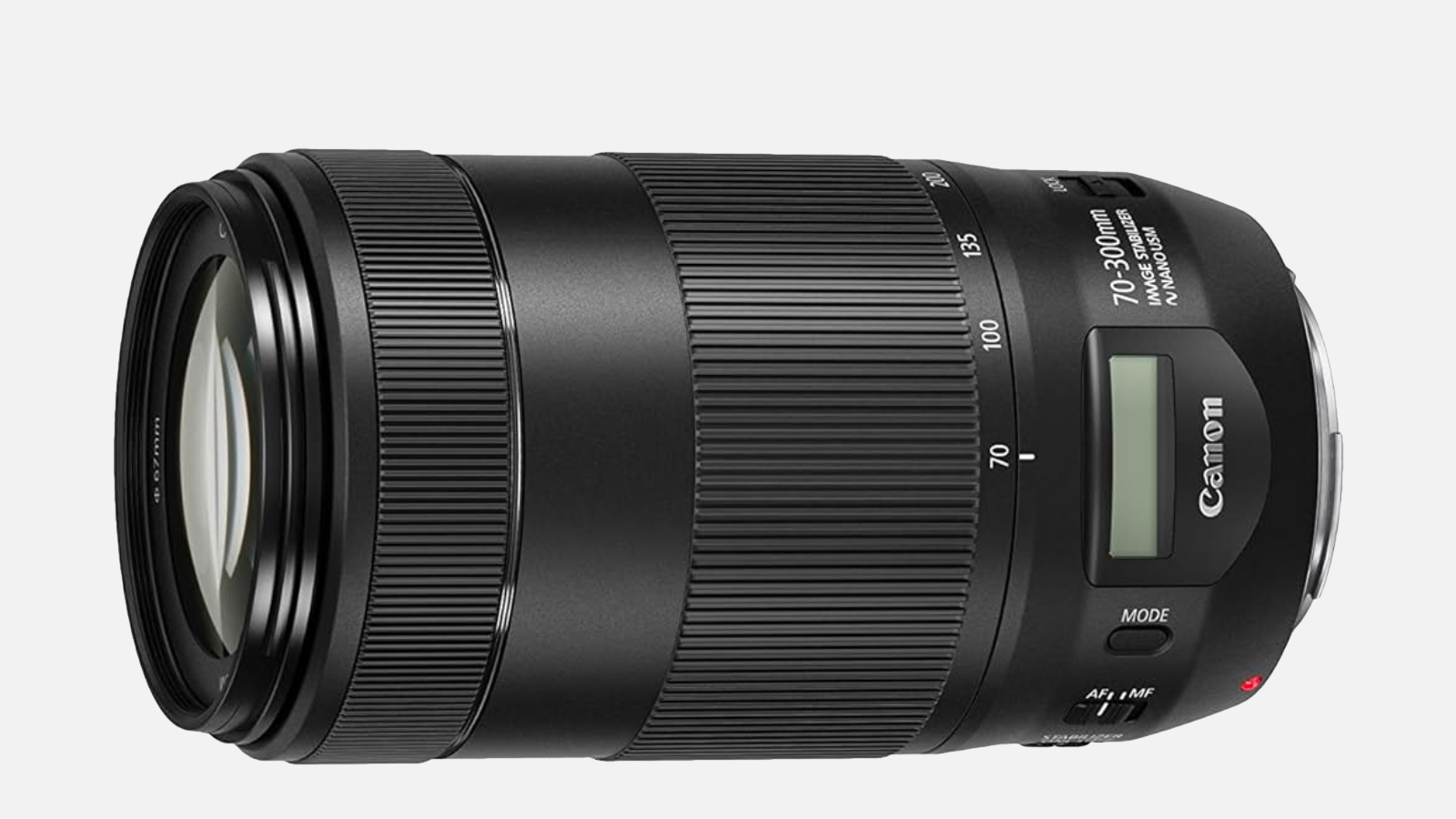 Canon EF 70-300mm f/4-5.6 IS II USM telephoto zoom lens on a plain background