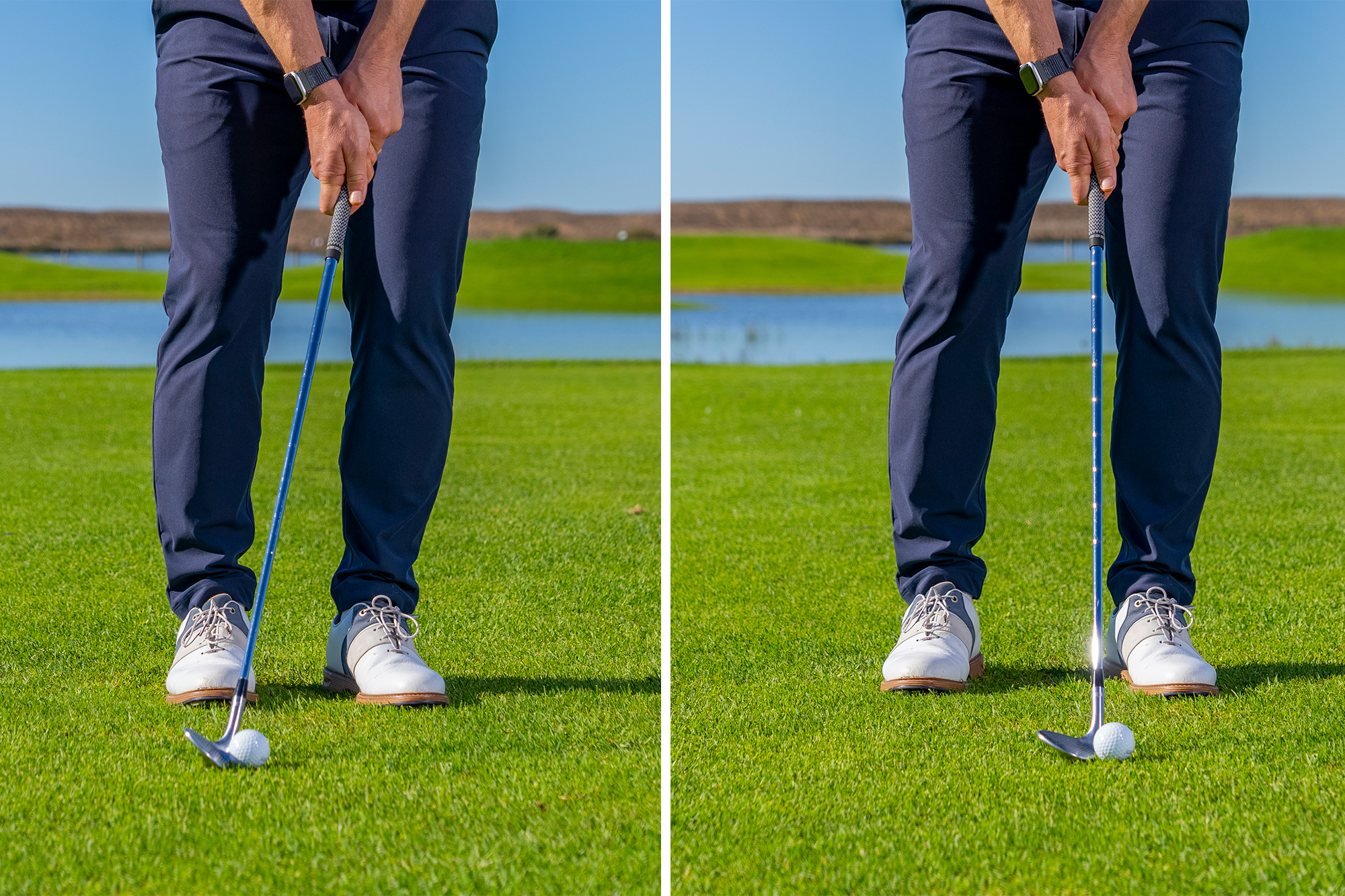 A side-by-side image of James Jankowski showing different setup positions for two different styles of golf shot, with one having more shaft lean than the other due to a changed ball position
