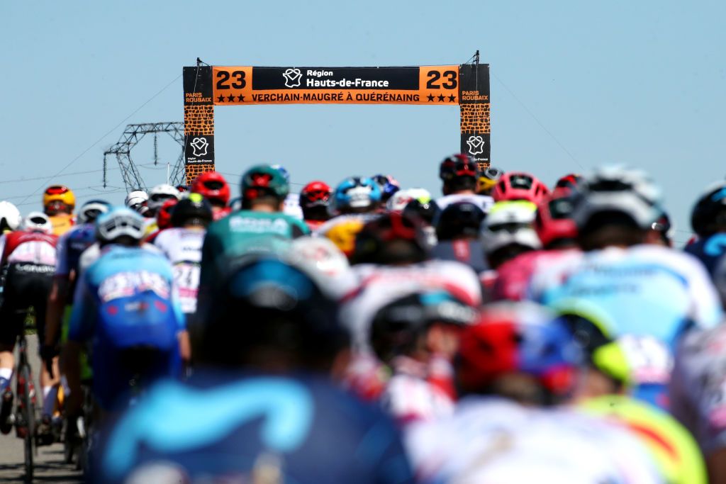 ROUBAIX FRANCE APRIL 17 Detailed view of the peloton competing during the 119th ParisRoubaix 2022 Mens Elite a 2572km one day race from Compigne to Roubaix ParisRoubaix WorldTour on April 17 2022 in Roubaix France Photo by Etienne Garnier PoolGetty Images