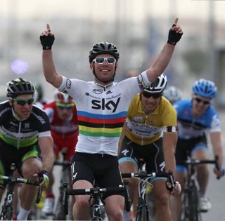 Mark Cavendish (Team Sky) celebrates winning stage 3 in Qatar