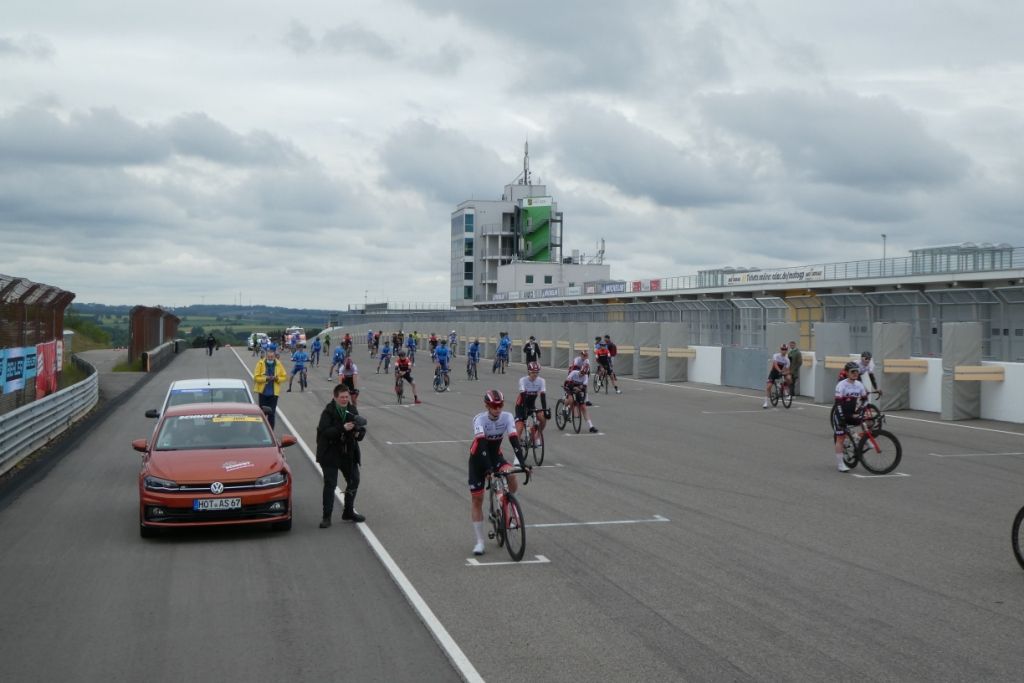 The riders started in grid formation
