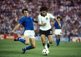 Italy's Marco Tardelli competes for the ball with West Germany's Paul Breitner in the 1982 World Cup final.