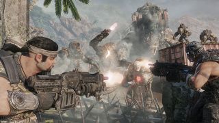 Screenshot from Gears of War 3 showing two gears fighting the Locust.