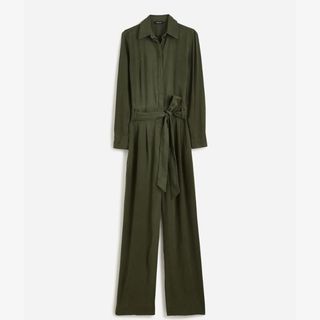 A cutout of a khaki wide leg jumpsuit