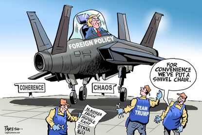 Political cartoon U.S. Trump administration foreign policy chaos Iran North Korea Syria EU