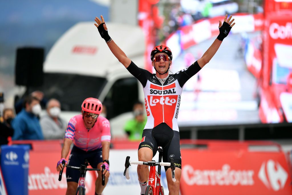 OURENSE SPAIN NOVEMBER 04 Arrival Tim Wellens of Belgium and Team Lotto Soudal Celebration Michael Woods of Canada and Team EF Pro Cycling during the 75th Tour of Spain 2020 Stage 14 a 2047km stage from Lugo to Ourense lavuelta LaVuelta20 La Vuelta on November 04 2020 in Ourense Spain Photo by Justin SetterfieldGetty Images