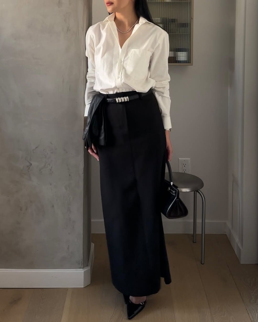 @dawn.tan wearing white shirt and column skirt