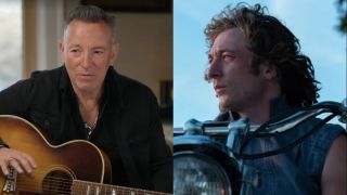 Bruce Springsteen sits with a guitar in his hands on CBS Sunday Morning, pictured next to Jeremy Allen White sitting on a motorcycle in The Iron Claw. 