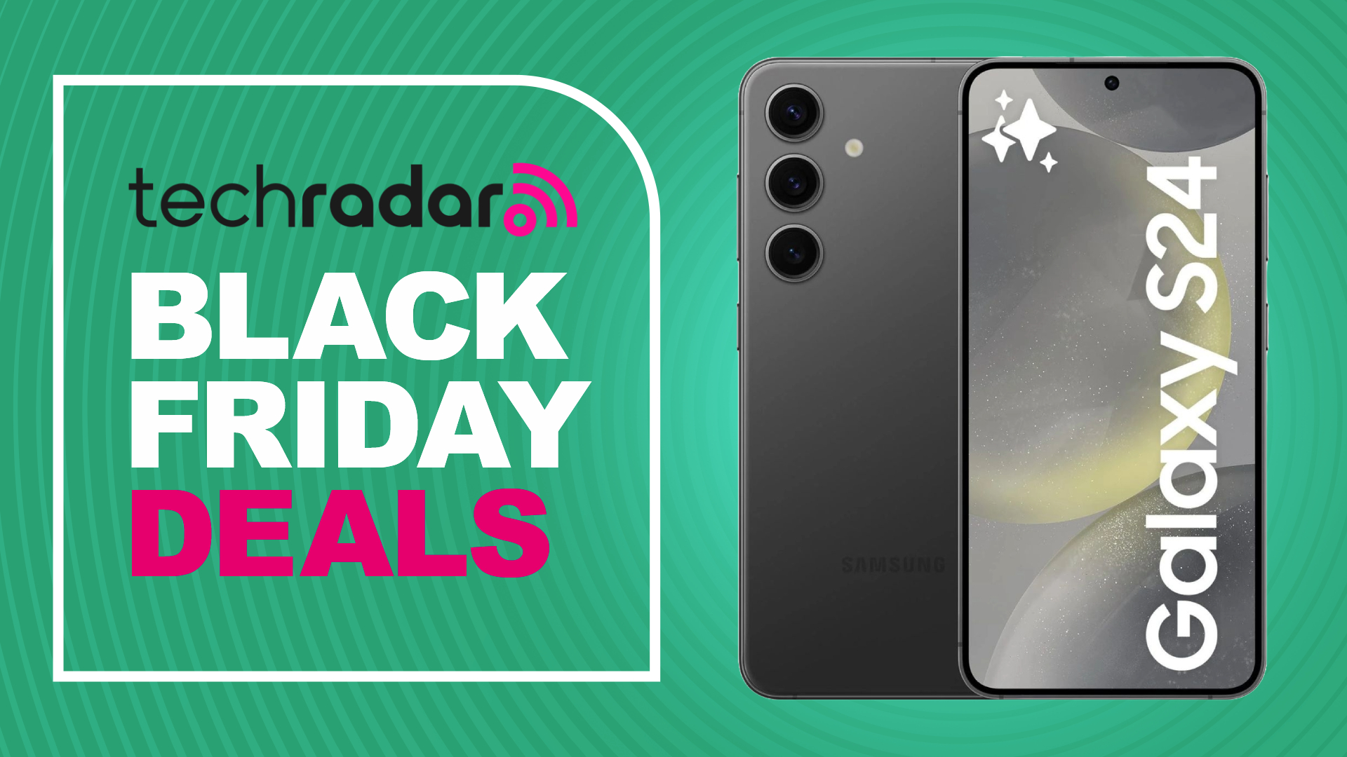 The Samsung Galaxy S24 on a green background. Text reads: TechRadar Black Friday Deals