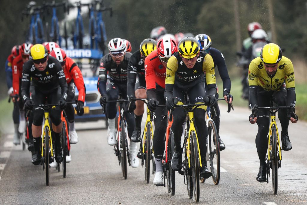 Team Visma-Lease a Bike&#039;s US rider Matteo Jorgenson (C) wearing the overall leader&#039;s yellow jersey cycles during the 6th stage of the Paris-Nice cycling race, 209,8 km between Saint-Julien-en-Saint-Alban and Berre lâ€™Ã‰tang, on March 14, 2025. (Photo by Anne-Christine POUJOULAT / AFP)