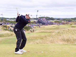 Matt Fitzpatrick hitting a tee shot on the par-3 7th at Royal Troon