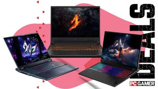 Three Acer gaming laptops on a pink and white deals background