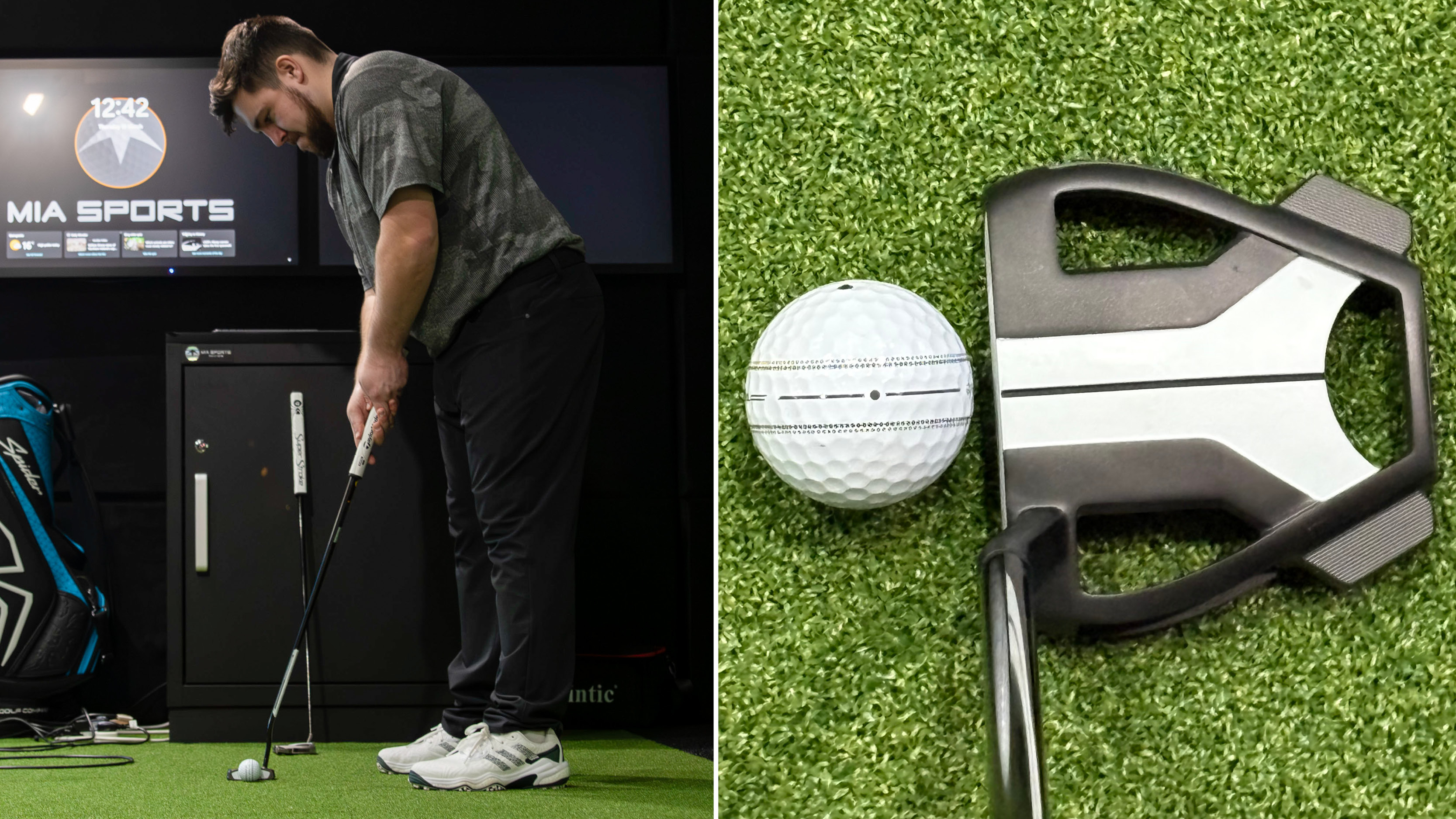 A golfer lines up a putt, with a close up of the putt
