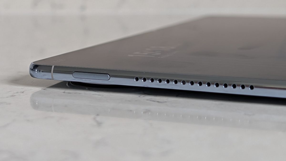 Photos of the Huawei MatePad Pro Max resting on a marble table