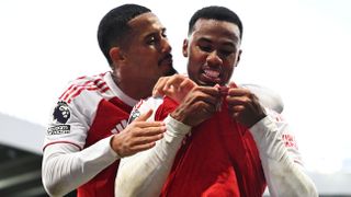 Gabriel of Arsenal celebrates scoring his team's second goal with teammate William Saliba during the Premier League match between Newcastle United and Arsenal at St James' Park on September 28, 2025 in Newcastle upon Tyne, England.