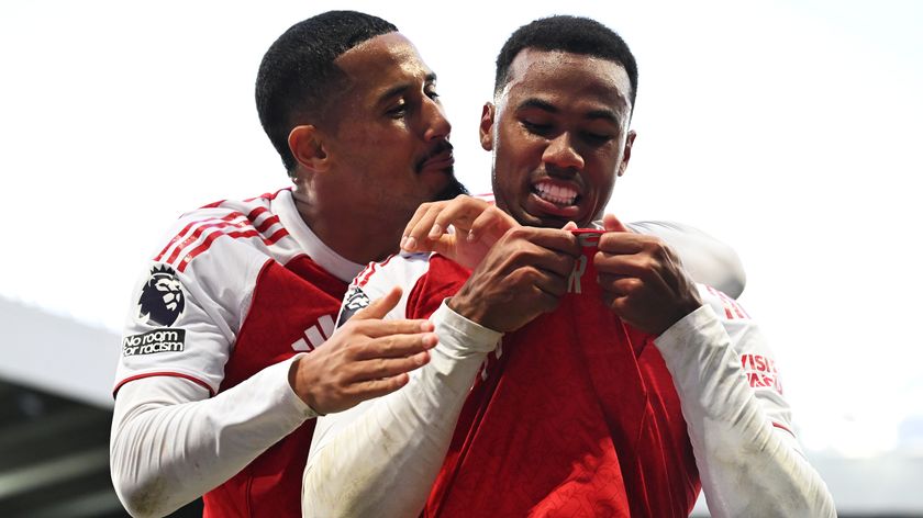 Gabriel of Arsenal celebrates scoring his team's second goal with teammate William Saliba during the Premier League match between Newcastle United and Arsenal at St James' Park on September 28, 2025 in Newcastle upon Tyne, England.
