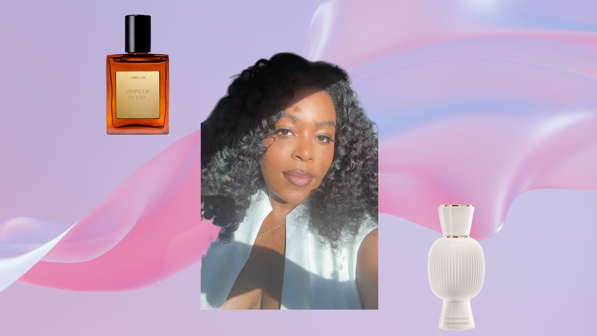 An image of ariel baker surrounded by cyklar perfume oil and bvlgari fragrance magnifier. Set against a purple backdrop white pink fabric swriling behind her head. 