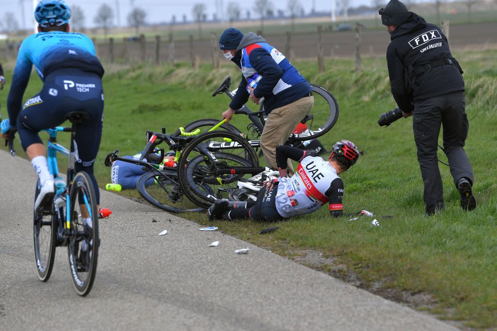 SCHOTEN BELGIUM APRIL 07 Rui Oliveira of Portugal and UAE Team Emirates during the 109th Scheldeprijs 2021 Mens Elite a 1942km race from Terneuzen to Schoten Crash Injury SP21 FlandersClassic on April 07 2021 in Schoten Belgium Photo by Luc ClaessenGetty Images