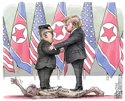 Political cartoon U.S. Kim Jong Un Trump North Korea Singapore nuclear summit human rights